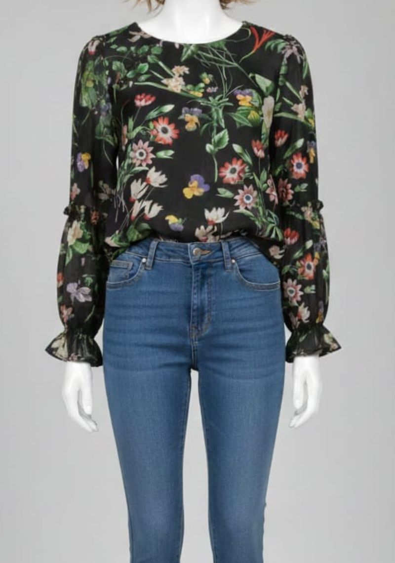 WOMENS WESTERN TOP [SL] - BLACK AND MULTI COLOR FLORAL PRINTED