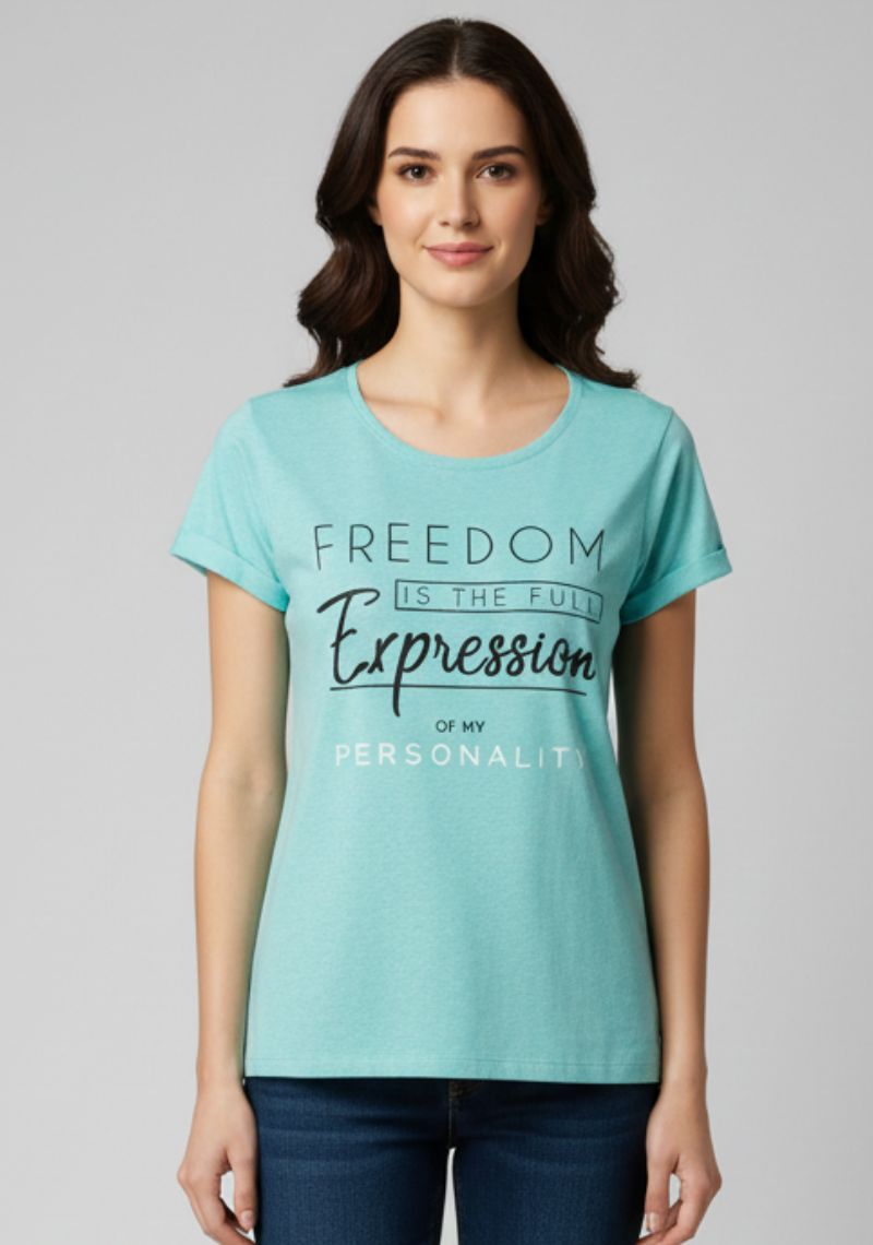 WOMENS T-SHIRT [MD] - SKYBLUE & BLACK [MULTI COLOR PRINT]