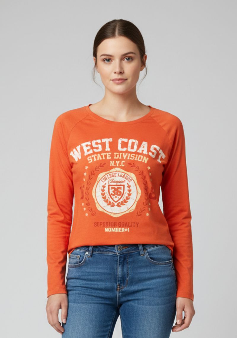 WOMENS T-SHIRT - ORANGE AND WHITE PRINTED