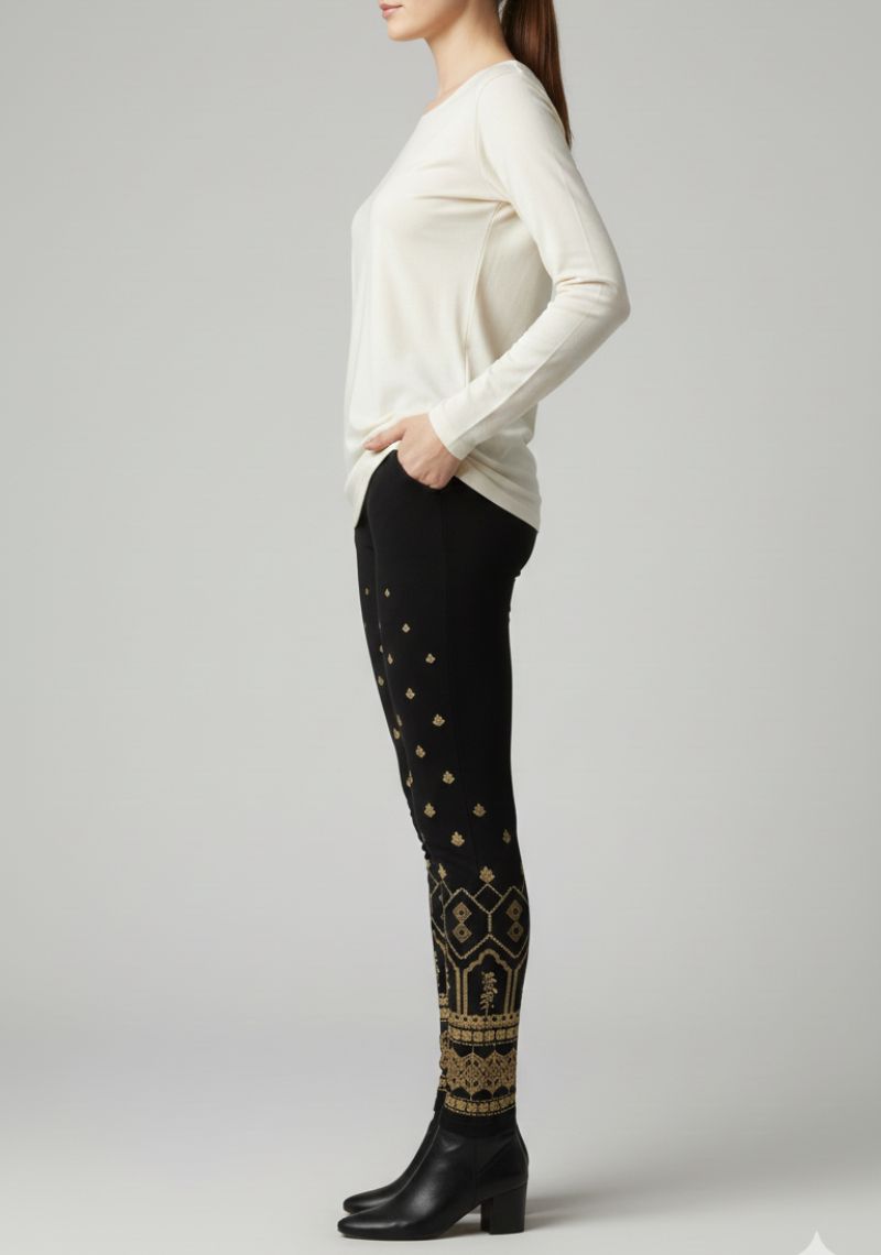 WOMENS LEGGINGS [MD] - BLACK AND GOLDEN COLOR PRINTED