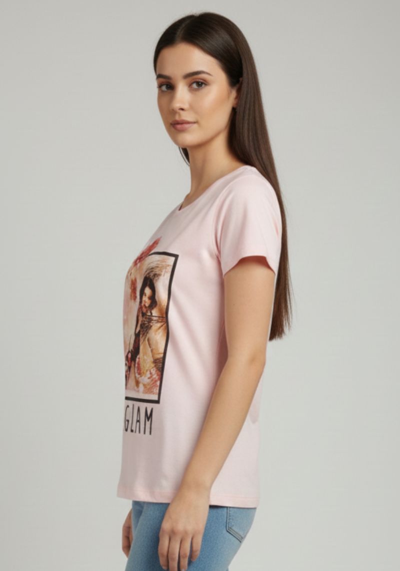 WOMENS T-SHIRT [MD] - LIGHT PINK & MULTI COLOR PRINT