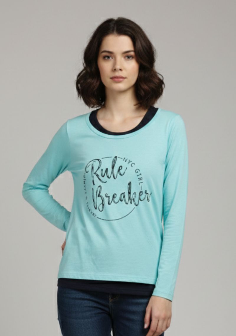 WOMENS T-SHIRT -LIGHT BLUE AND BLACK PRINTED