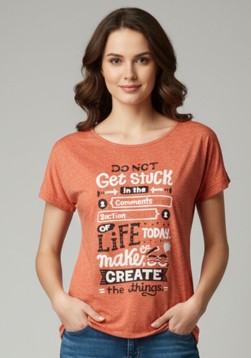 WOMENS T-SHIRT [MD] - ORANGE [BLACK AND WHITE PRINTED ]