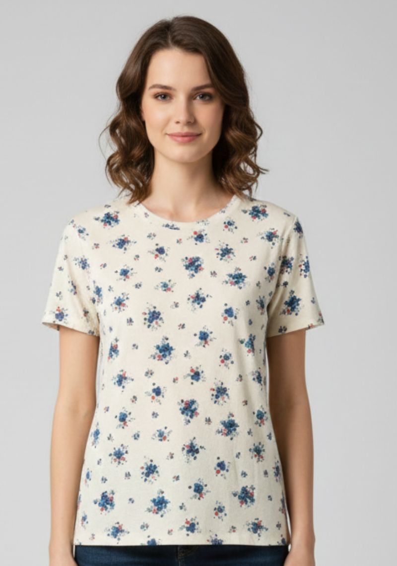 WOMEN WESTERN TOP - WHITE AND DARK BLUE FLORAL PRINT