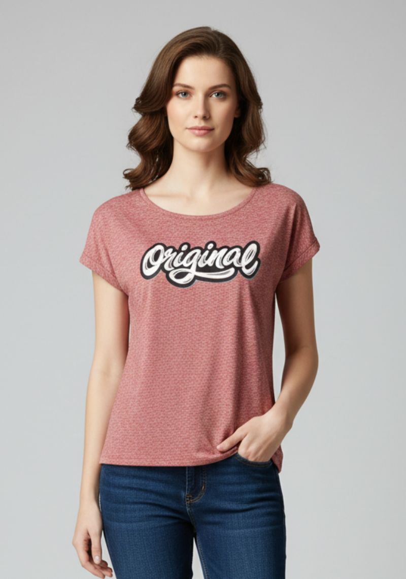 WOMENS T-SHIRT - LIGHT RED AND WHITE PRINTED