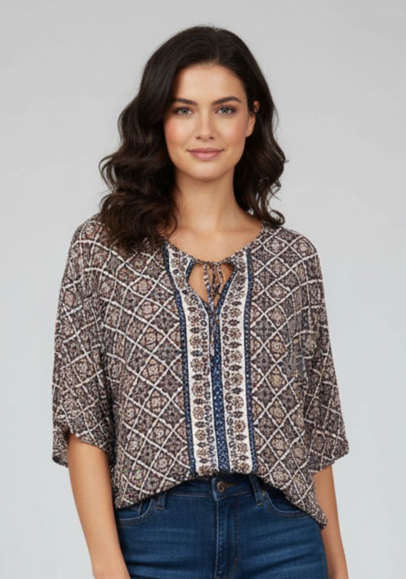 WOMEN WESTERN TOP - BROWN AND MULTI CLOR PRINTED