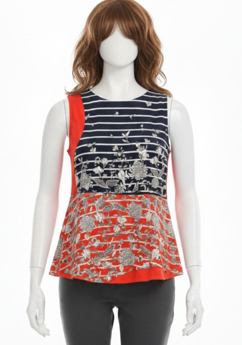 WOMENS WESTERN TOP [SL] - DARK BLUE & ORANGE PRINT