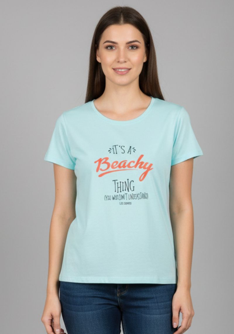 WOMENS T-SHIRT [MD] - SKY BLUE [ORANGE AND BLACK PRINT ]