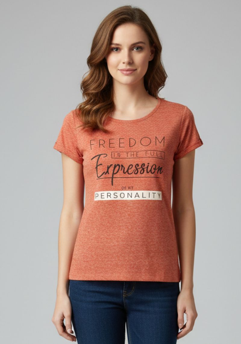WOMENS T-SHIRT [MD] - ORANGE MELANGE & MULTI COLOR PRINT