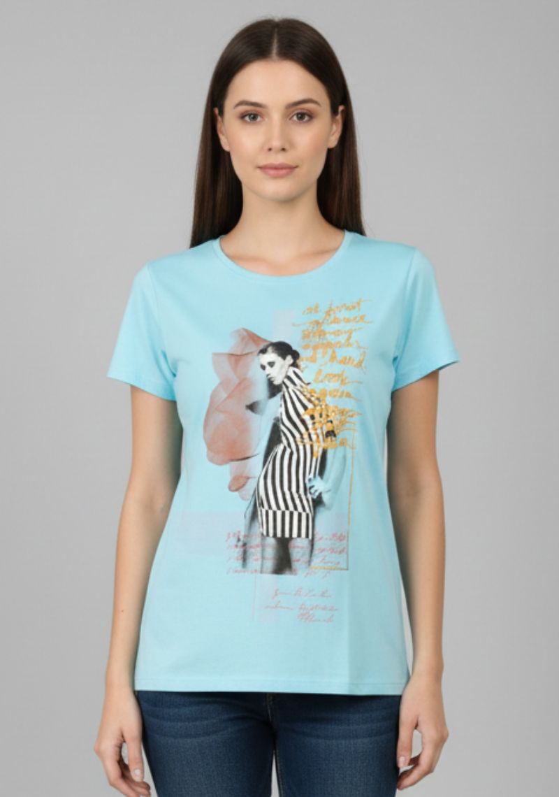 WOMENS T-SHIRT [MD] - SEA BLUE & MULTI COLOR PRINT