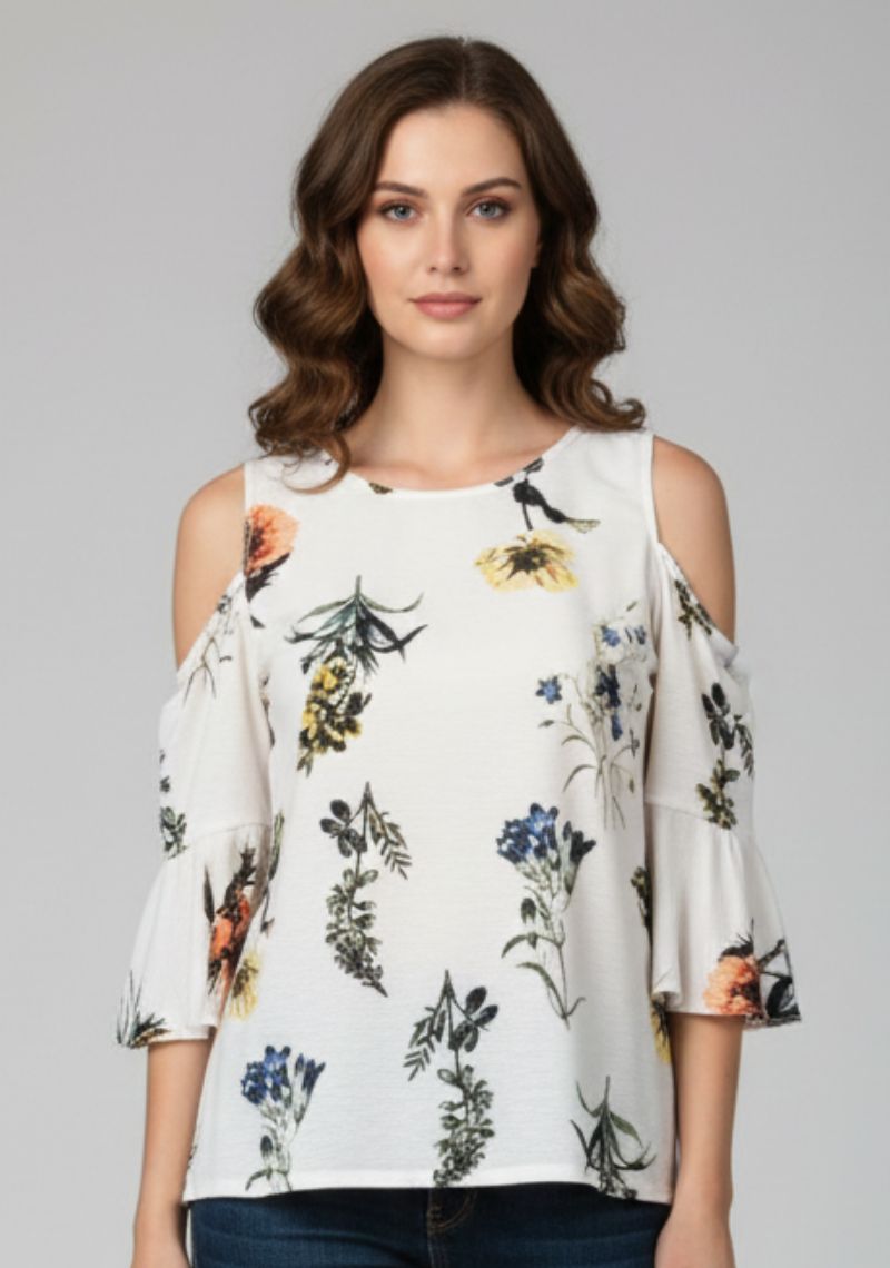 WOMEN WESTERN TOP - WHITE AND GREEN FLORAL PRINT