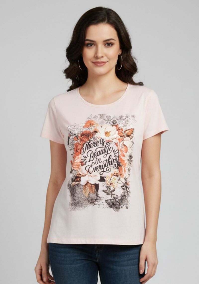 WOMENS T-SHIRT [MD] - LIGHT PINK & MULTI COLOR SHADE