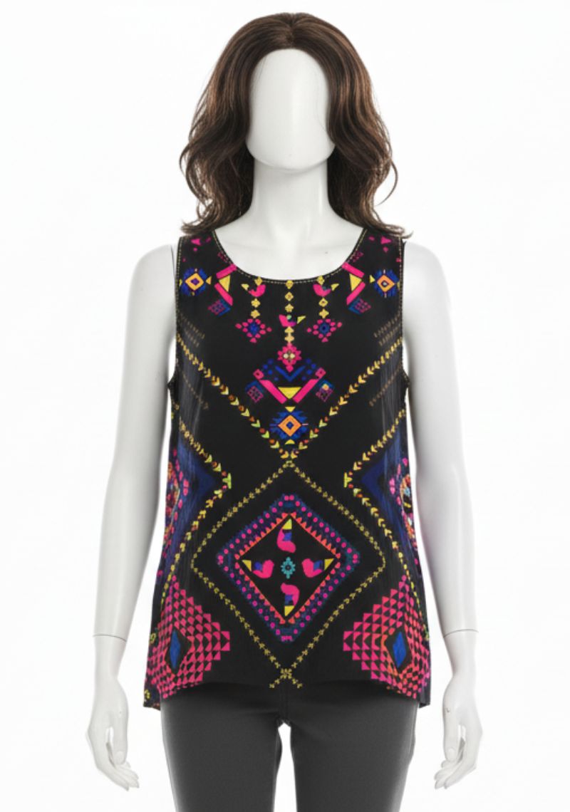 WOMENS WESTERN TOP [SL] - BLACK AND MULTI COLOR PRINT