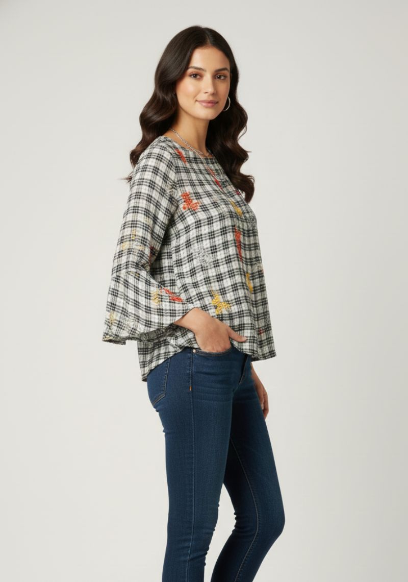 WOMEN WESTERN TOP - BLACK CHECKED AND MULTI CLOR PRINTED