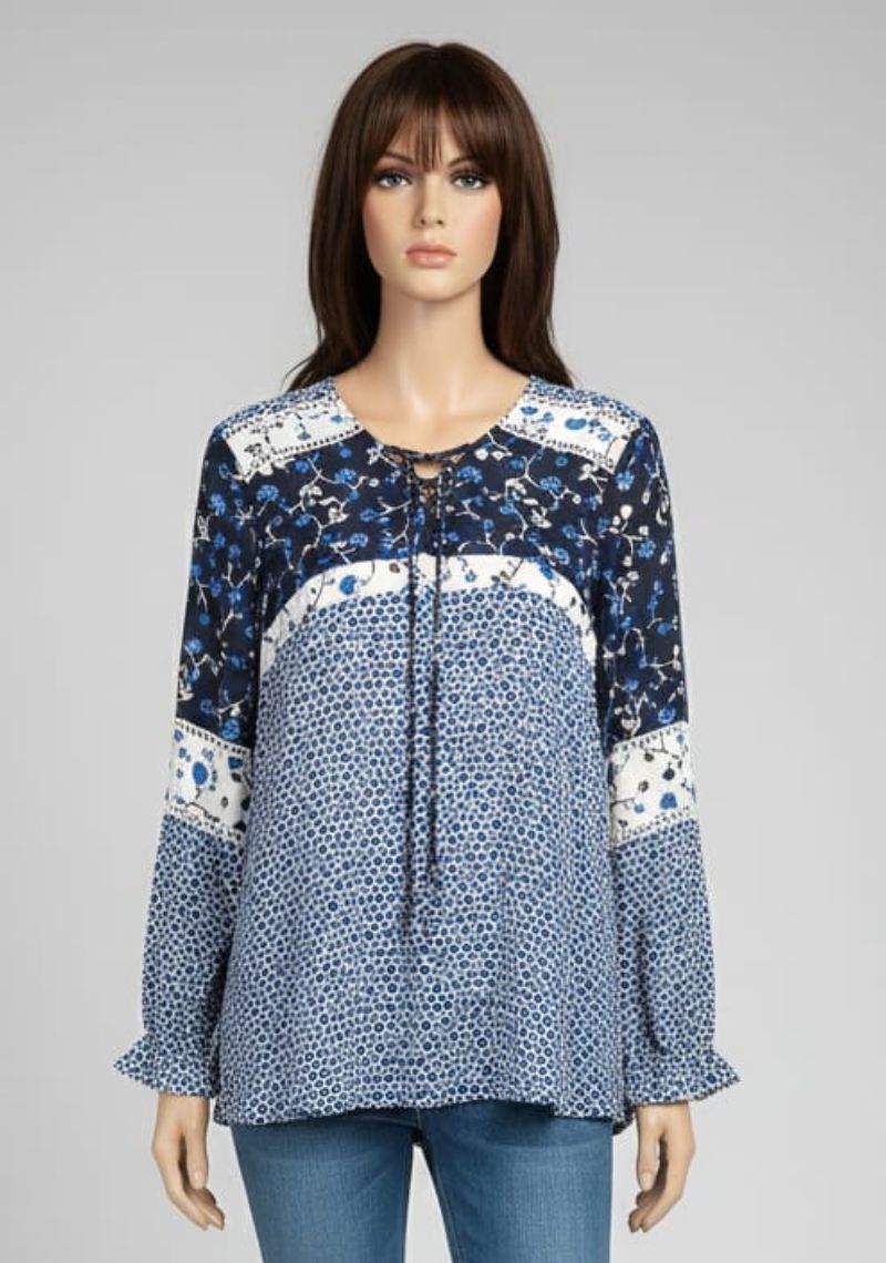 WOMENS WESTERN TOP [SL] - DARK BLUE AND SKY BLUE PRINT