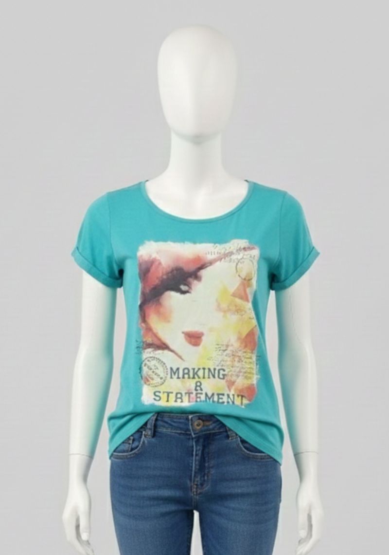WOMENS T-SHIRT - TEAL GREEN PRINTED