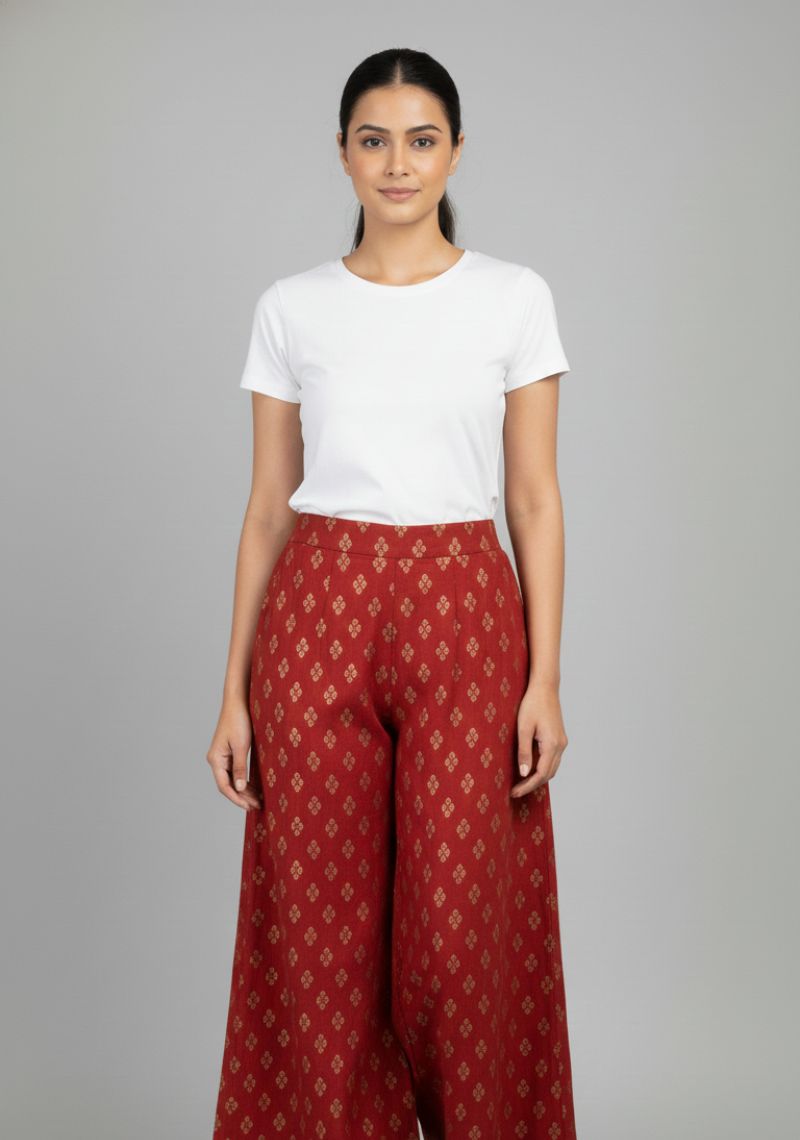 WOMENS PALAZZO - RED AND GOLDEN FLORAL  PRINTED