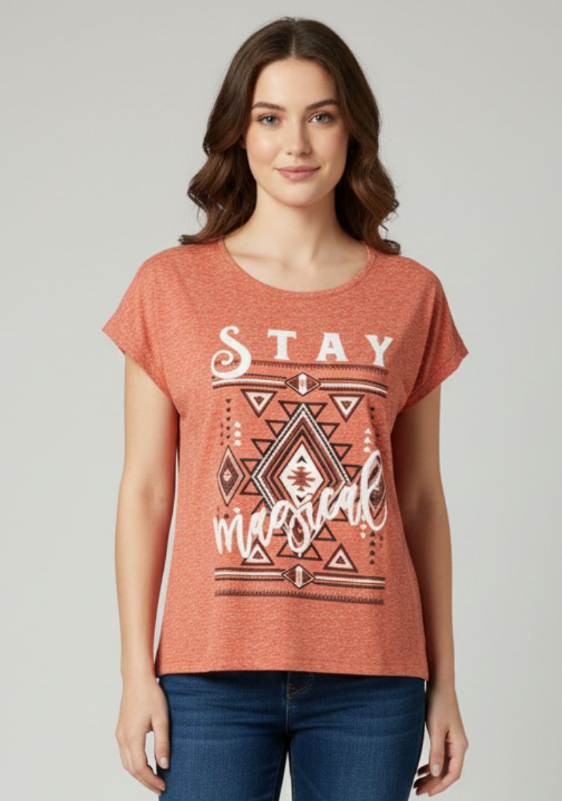 WOMENS T-SHIRT [MD] - ORANGE & MULTI COLOR PRINT