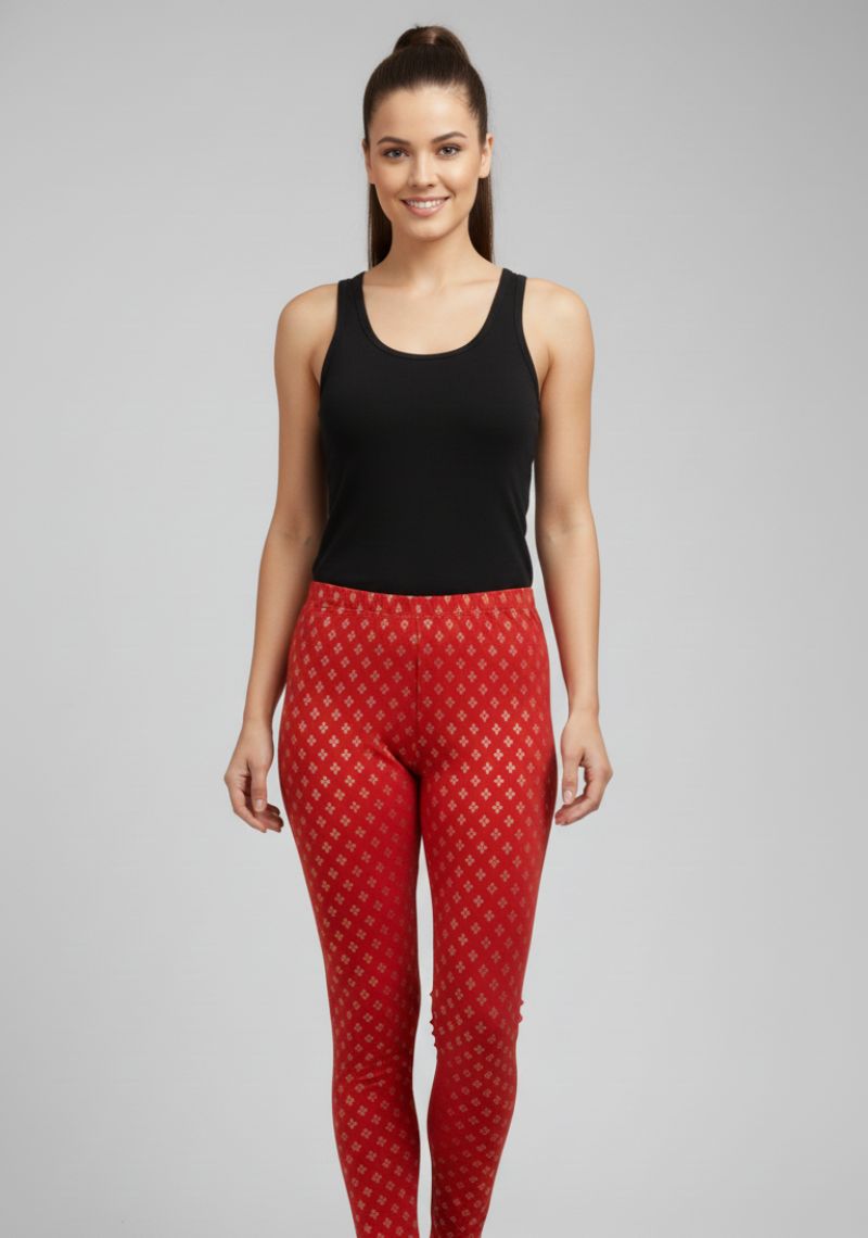 WOMENS LEGGINGS [MD] - BRIGHT RED AND GOLD PRINT