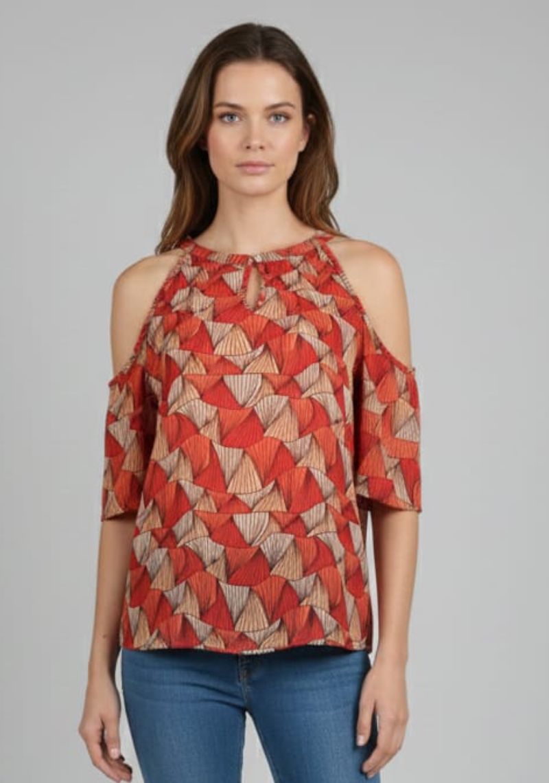 WOMENS WESTRN TOP [SL] - RED AND ORANGE PRINT