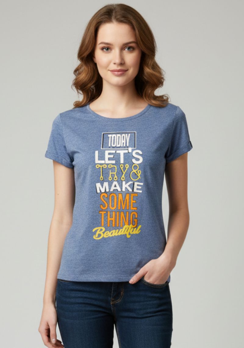 WOMENS T-SHIRT [MD] -  BLUE & MULTI COLOR PRINT