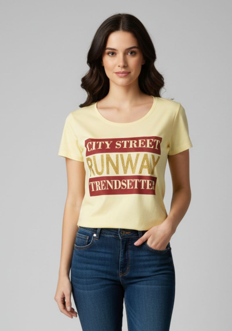 WOMENS T-SHIRT - LIGHT YELLOW AND MULTI COLOR PRINTED