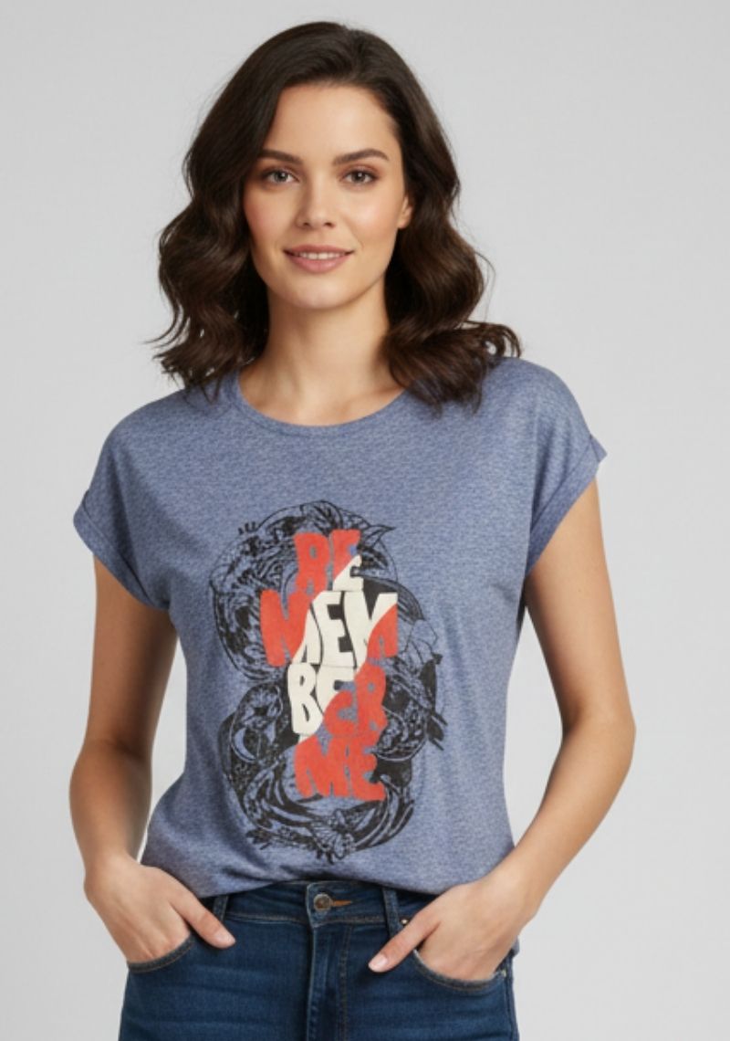 WOMENS T-SHIRT [MD] - DARK BLUE [ RED & WHITE PRINT ]