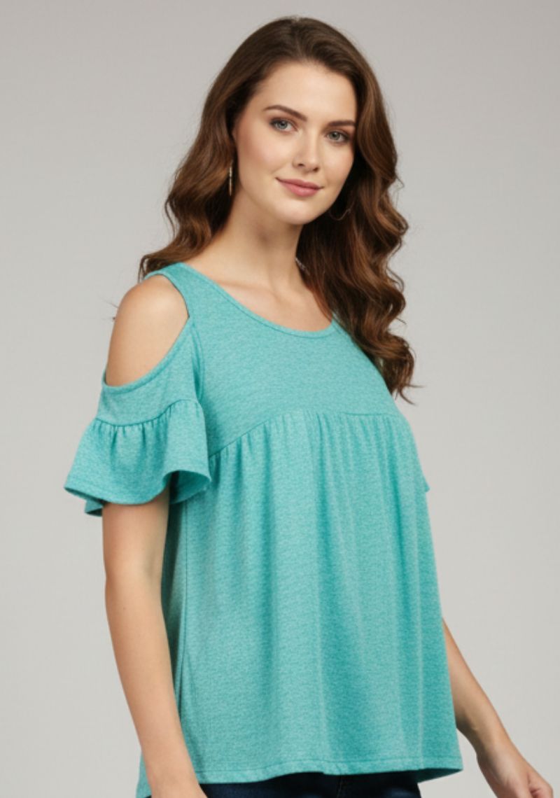 WOMEN WESTERN TOP - LIGHT TEAL BLUE