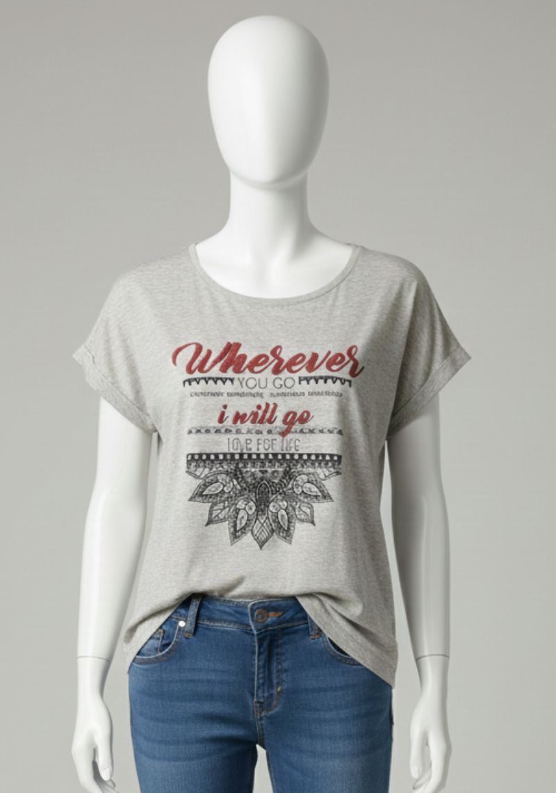 WOMENS T-SHIRT [MD] - LIGHT GREY & MULTI COLOR PRINT