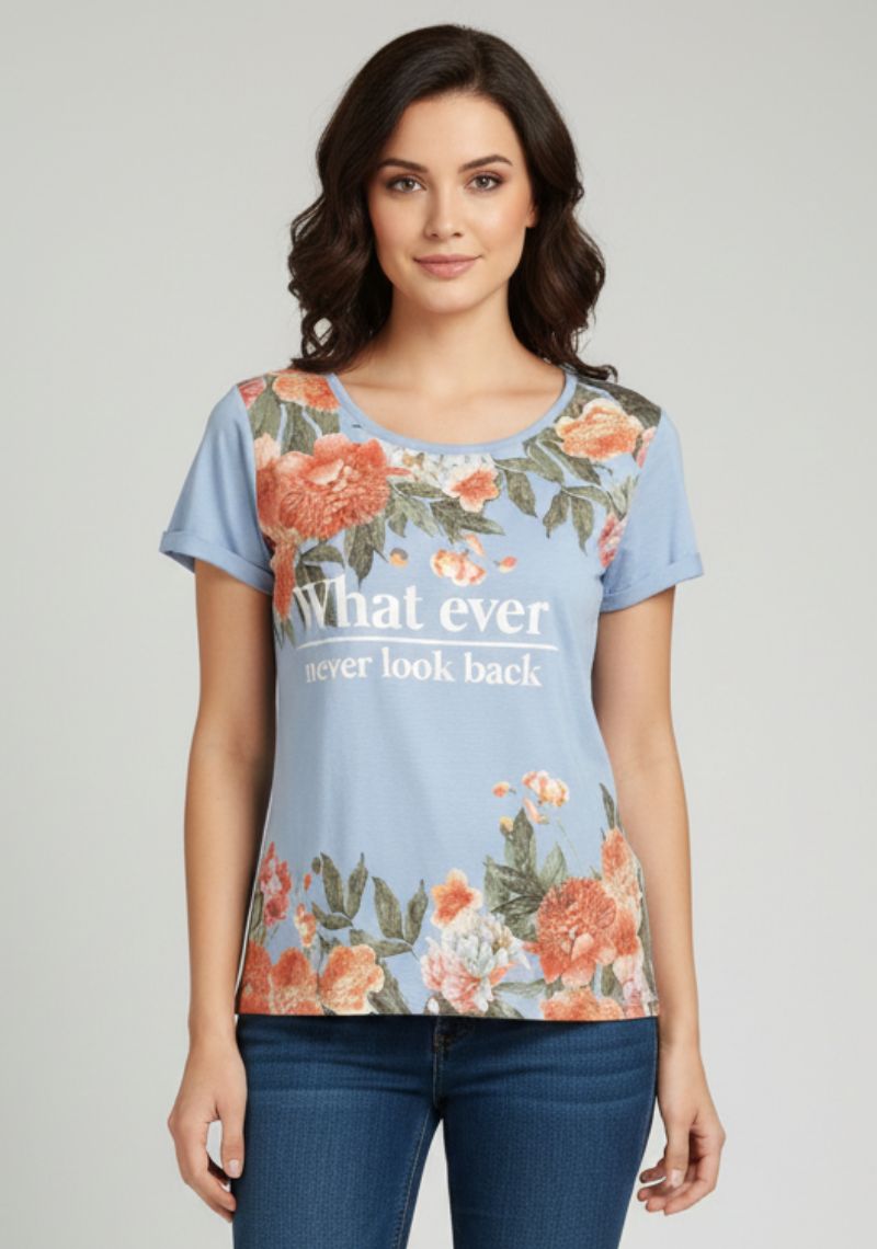 WOMENS T-SHIRT [MD] - SEA BLUE & FLORAL PRINTED