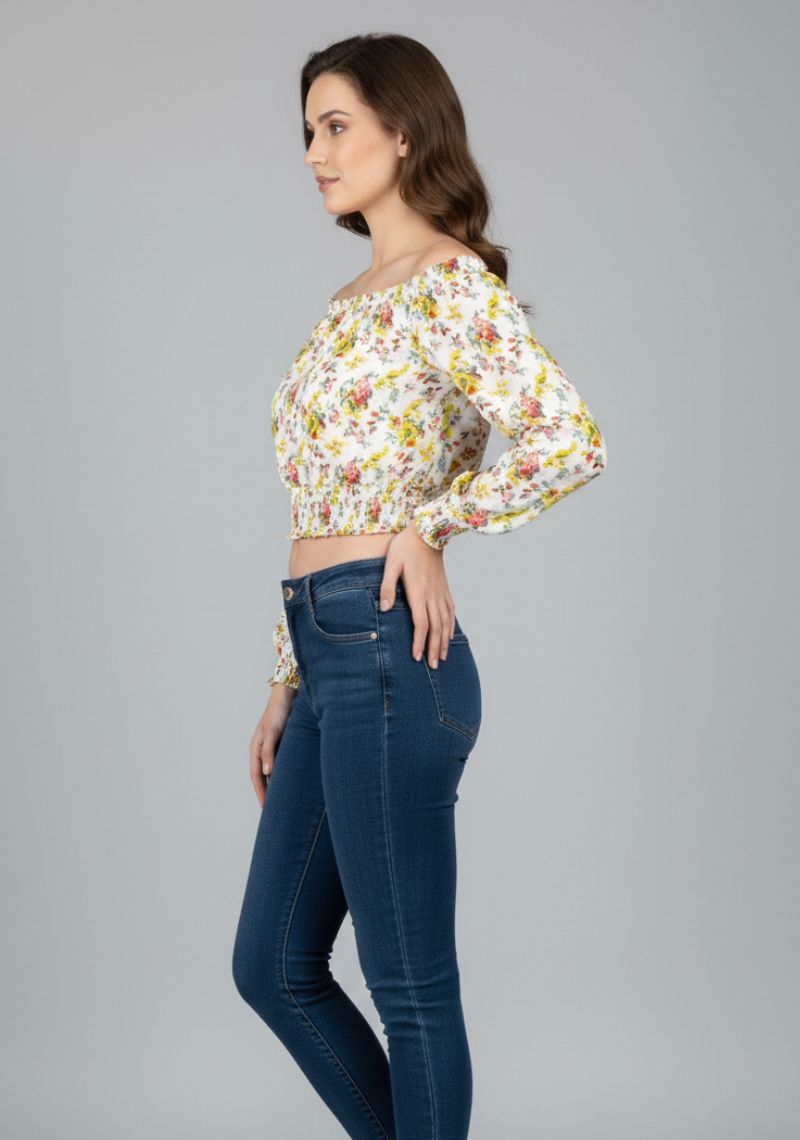 WOMEN WESTERN TOP - YELLOW [ FLORAL PRINT ]