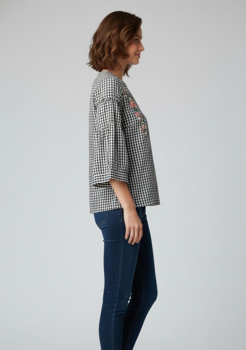 WOMEN WESTERN TOP - BLACK AND WHITE CHECKED