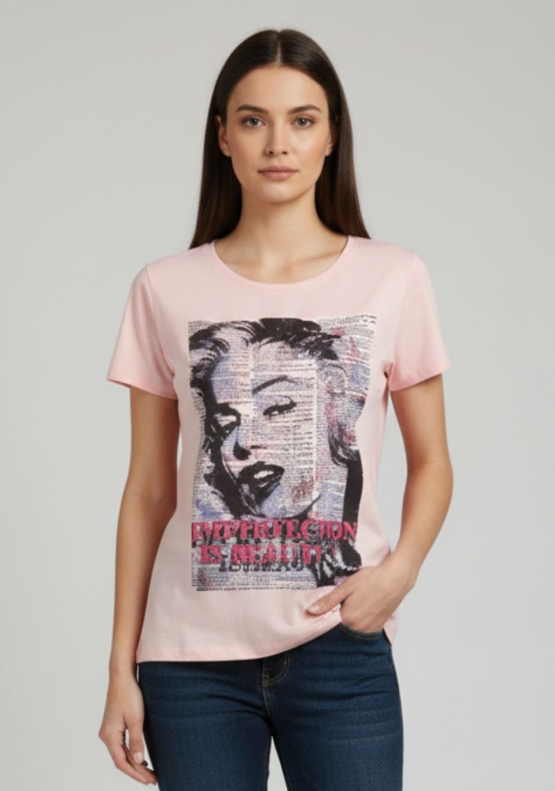 WOMENS T-SHIRT - LIGHT PINK AND BLACK [ MULTI COLOR PRINT ]