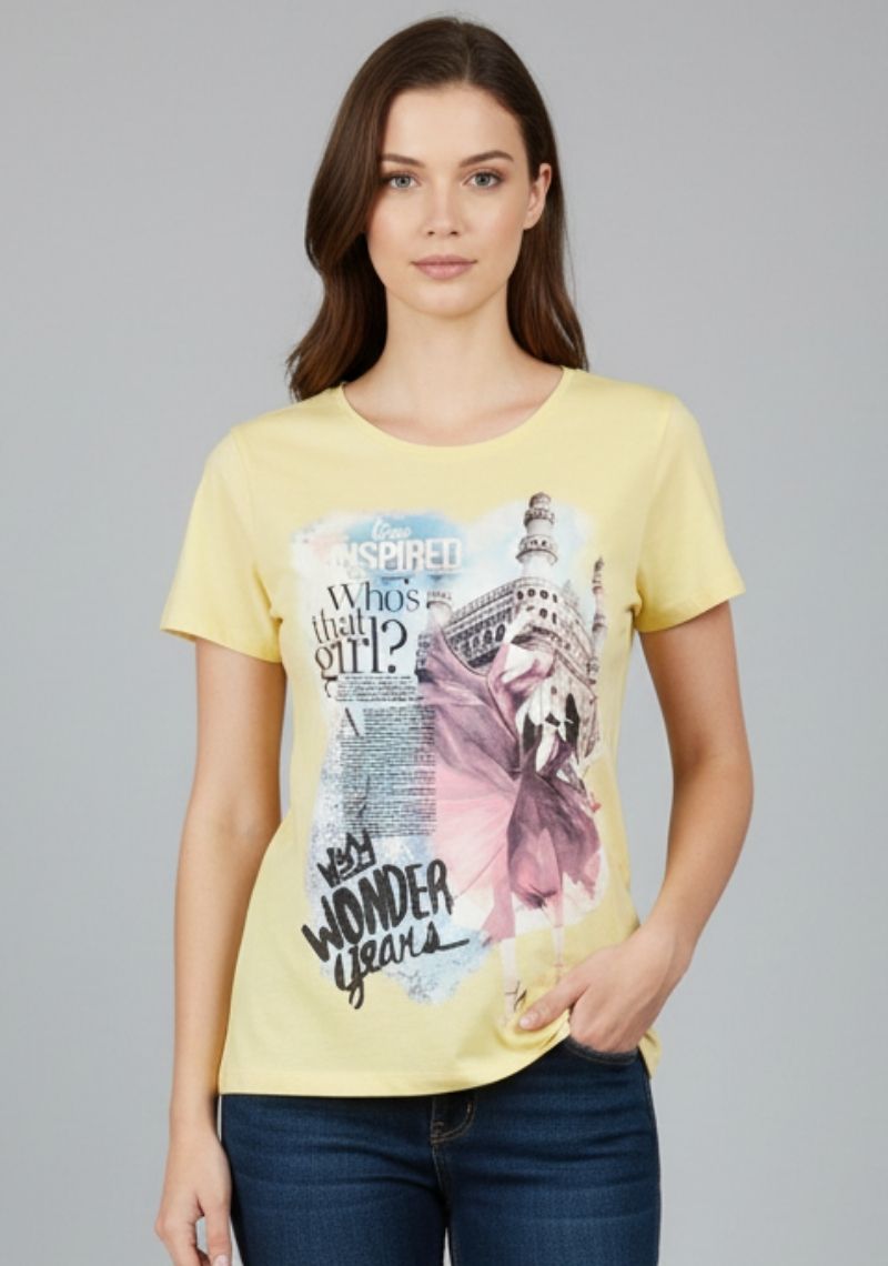 WOMENS T-SHRT [MD] - LIGHT YELLOW [ MULTI COLOR PRINT ]