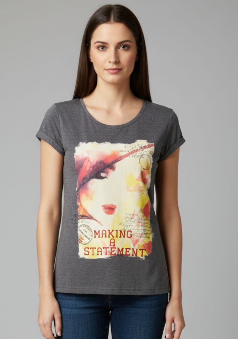 WOMENS T-SHIRT [ MD] - BLACK [MULTI COLOR PRINT]