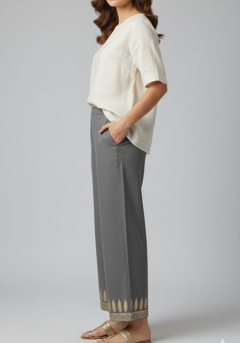 WOMENS PALAZZO - GREY AND GOLDEN LEAF PRINTED