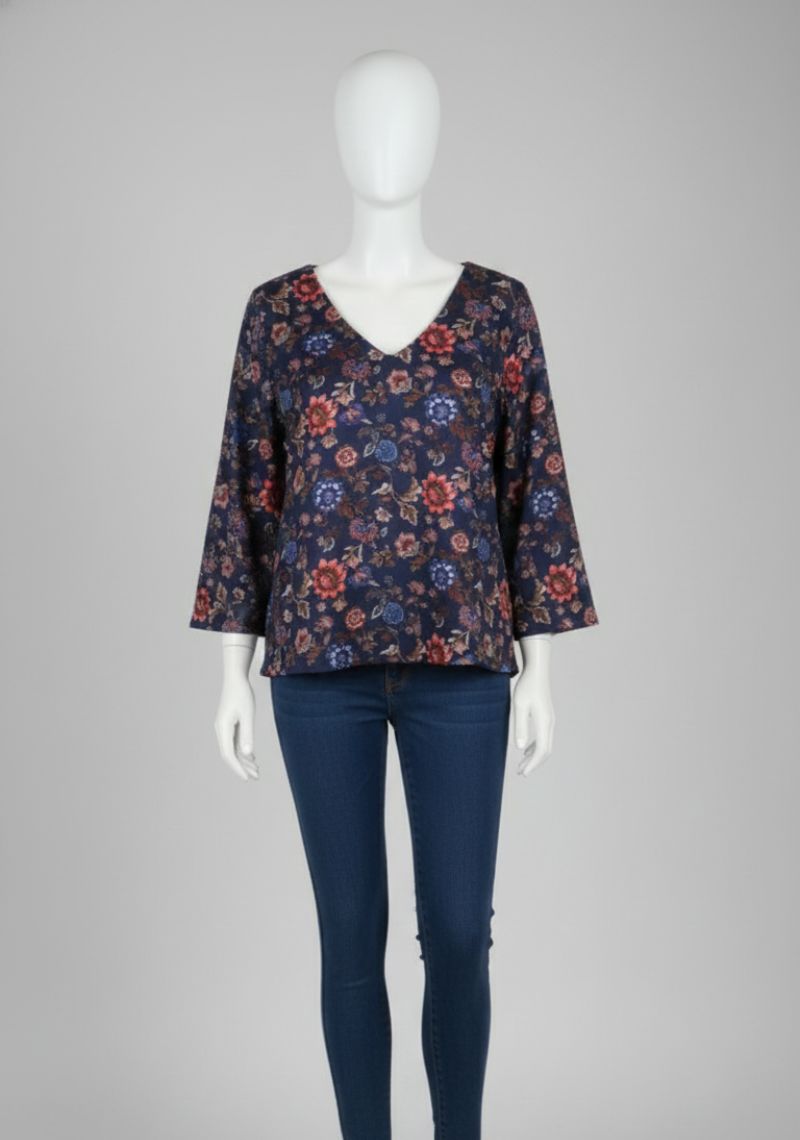 WOMEN WESTERN TOP - DARK BLUE AND FLORAL PRINTED