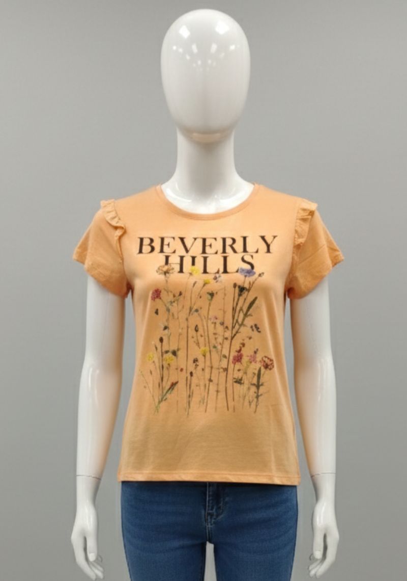 WOMENS T-SHIRT [MD] - LIGHT ORANGE & MULTI COLOR PRINTED