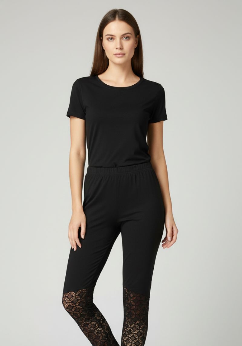 WOMENS LEGGINGS [MD] - BLACK AND NET PRINTED