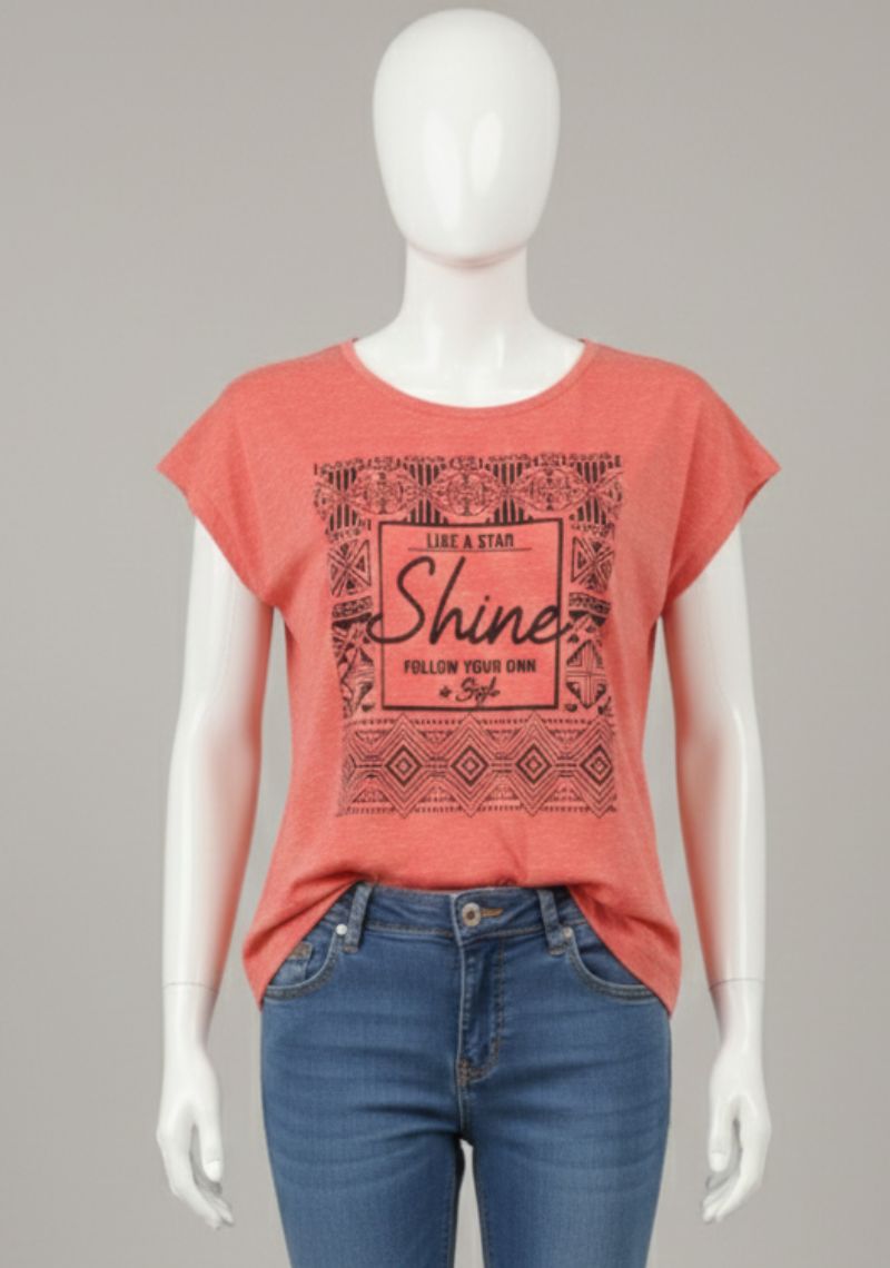 WOMENS T-SHIRT - LIGHT RED AND BLACK PRINTED