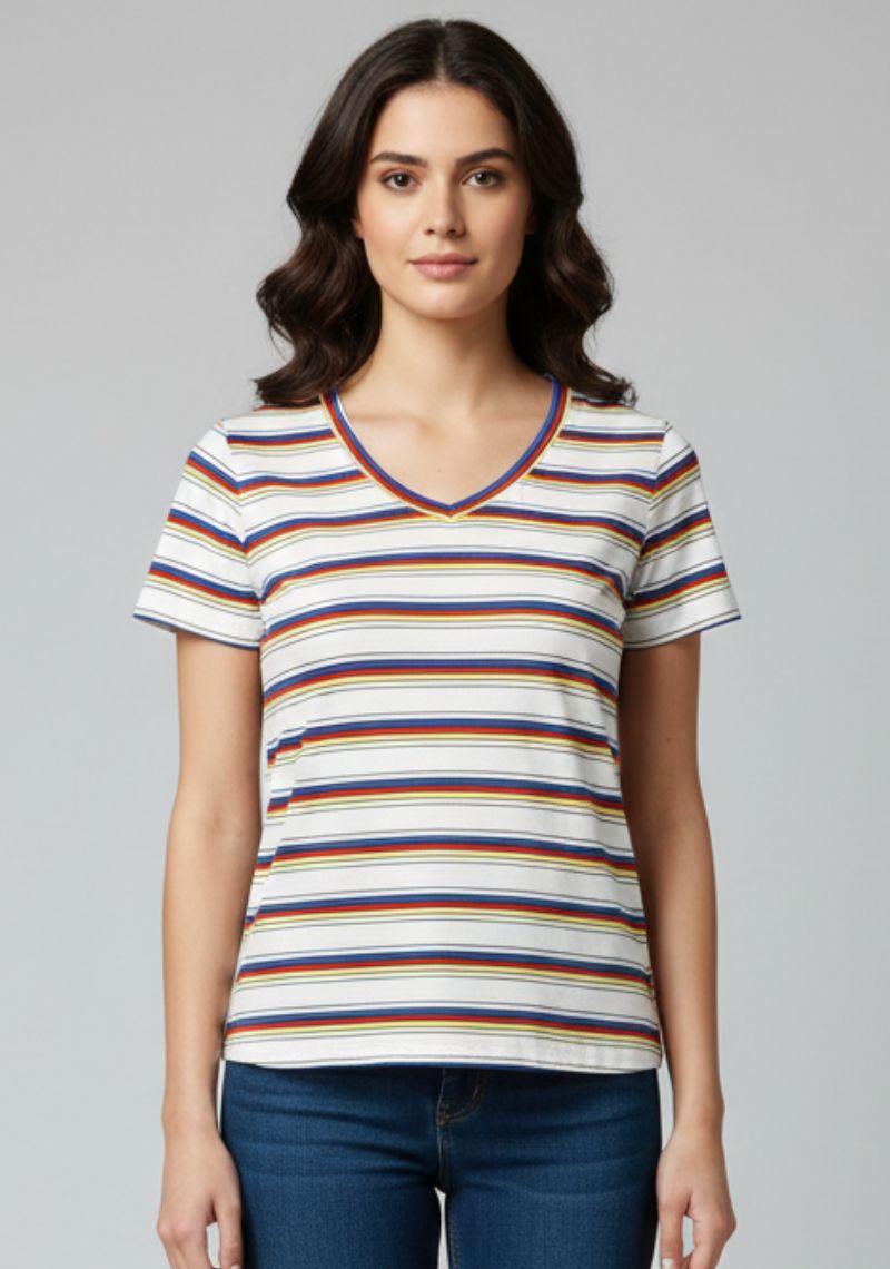 WOMENS T-SHIRT [MD] - BLUE,RED& YELLOW STRIPES