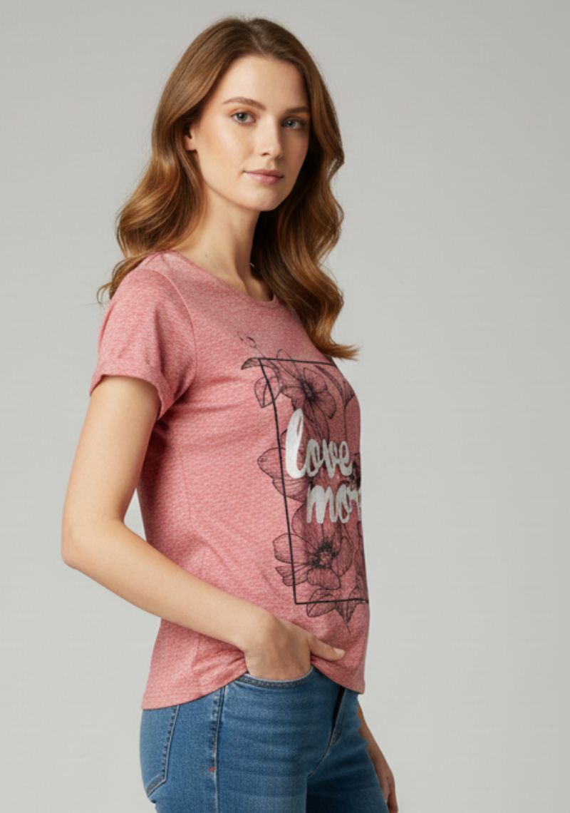 WOMENS T-SHIRT [MD] - RED MELANGE [BLACK AND WHITE PRINT]