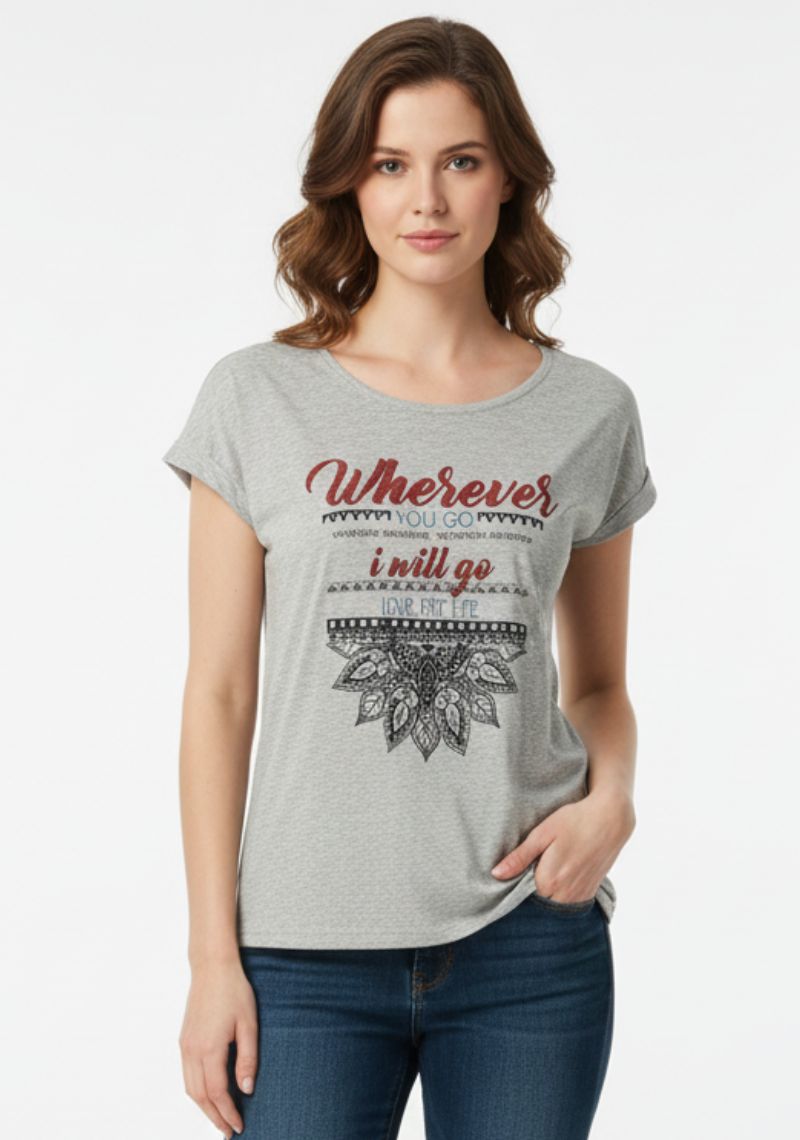 WOMENS T-SHIRT [MD] - LIGHT GREY & MULTI COLOR PRINT