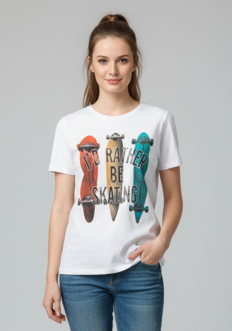 WOMENS T-SHIRT - WHITE AND MULTI COLOR PRINTED