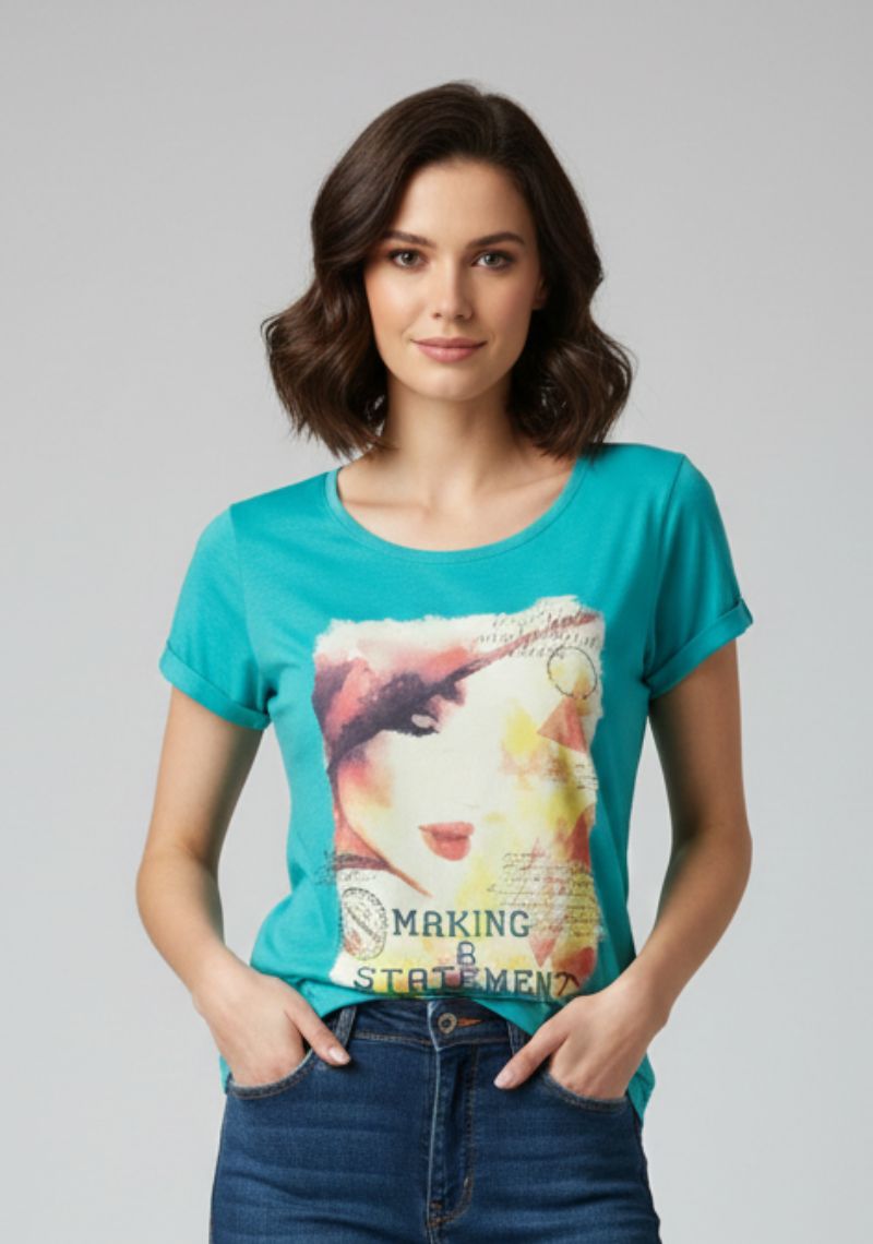 WOMENS T-SHIRT - TEAL GREEN PRINTED