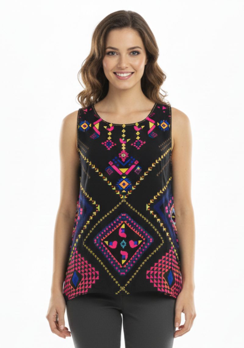 WOMENS WESTERN TOP [SL] - BLACK AND MULTI COLOR PRINT