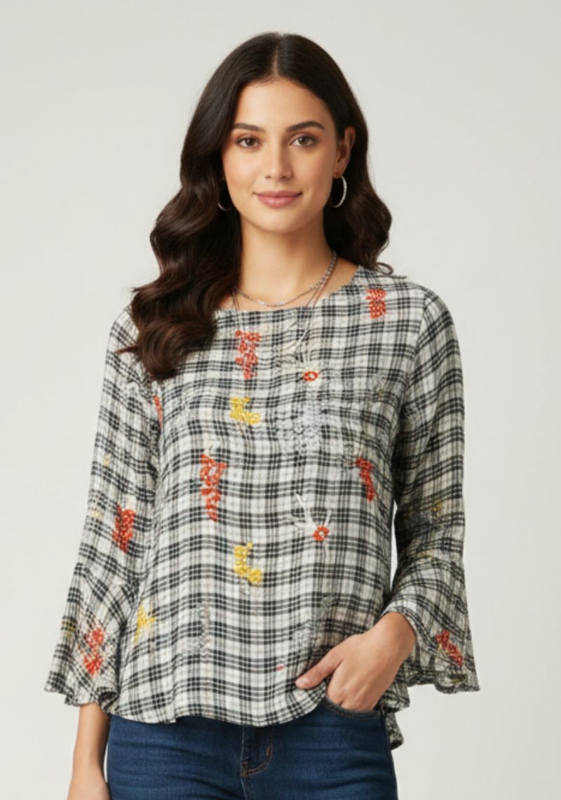 WOMEN WESTERN TOP - BLACK CHECKED AND MULTI CLOR PRINTED