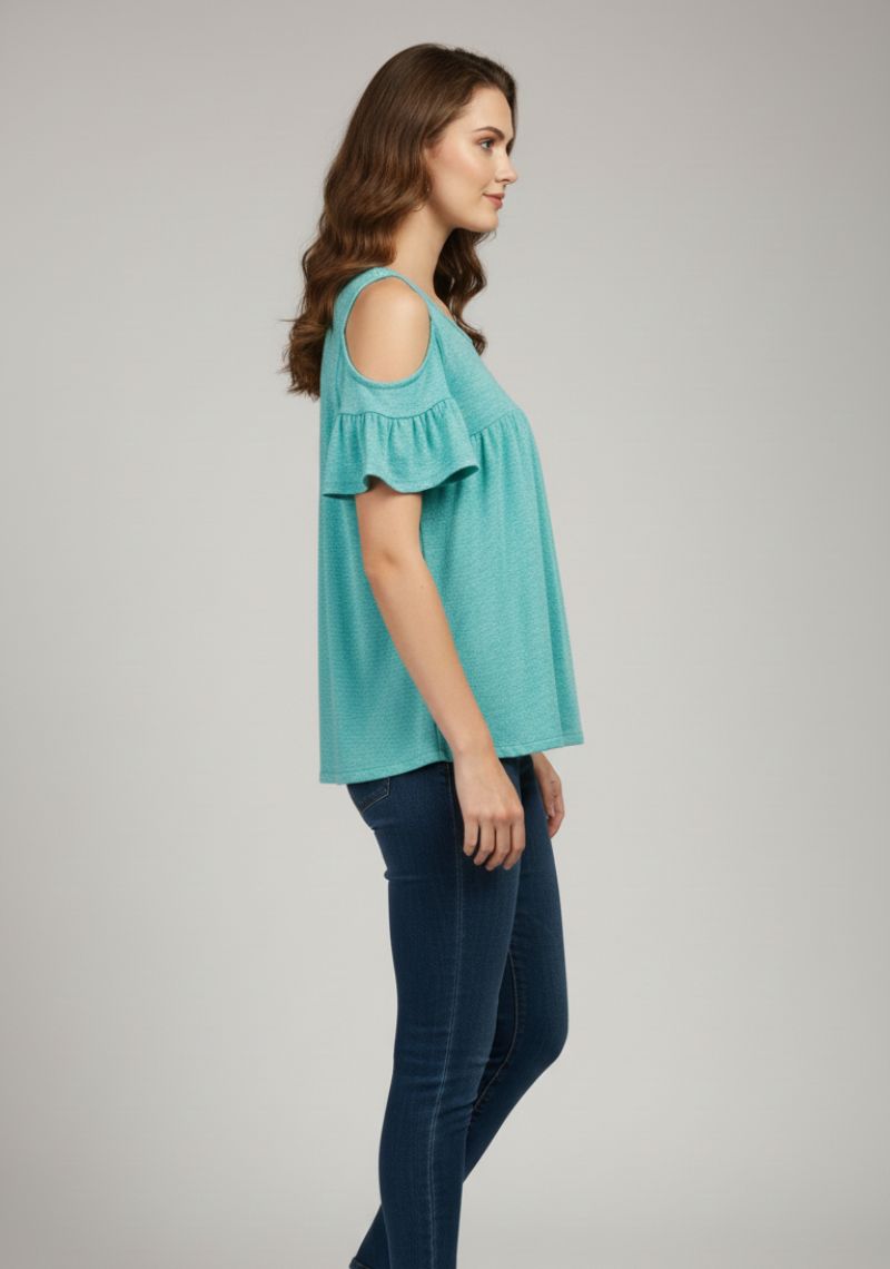 WOMEN WESTERN TOP - LIGHT TEAL BLUE