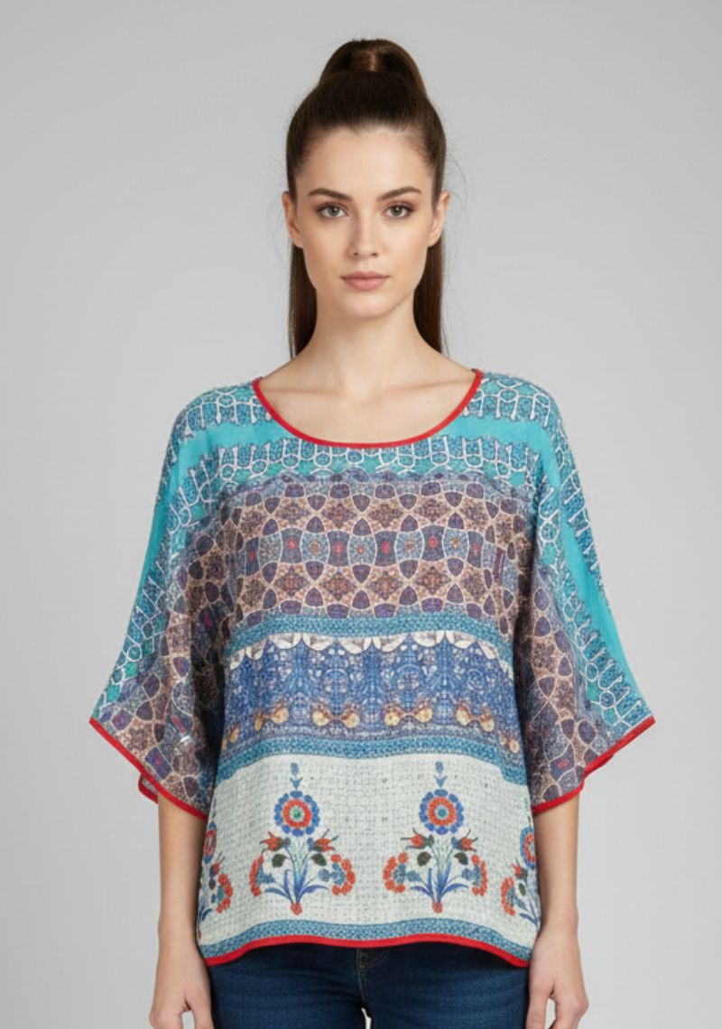 WOMEN WESTERN TOP - SKY BLUE AND MULTI CLOR PAINTED