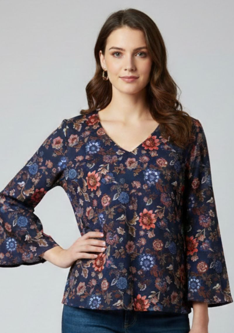 WOMEN WESTERN TOP - DARK BLUE AND FLORAL PRINTED
